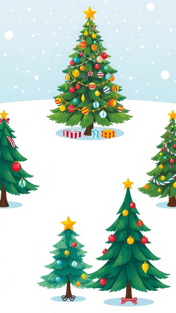 A variety of Christmas tree drawings showcasing different artistic styles and decorations.